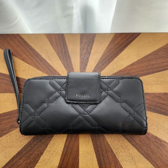 Fossil Handbags - Fossil Wallet Women Quilted Black Faux Leather Large Zip Around  Wristlet Strap